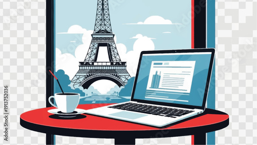 Laptop on red table with Eiffel Tower.