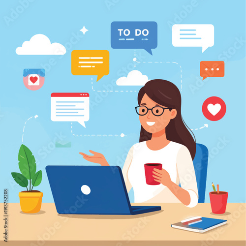 Woman using laptop and holding coffee cup.