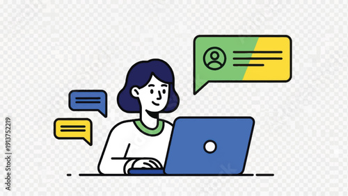 Woman Using Laptop with Speech Bubbles.