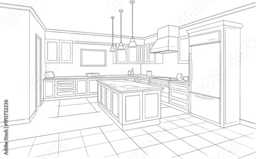 Modern kitchen interior vector line art illustration, featuring an island counter with cabinets and overhead lighting