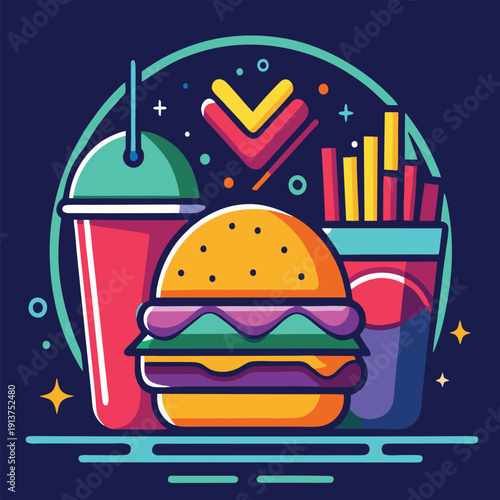 logo design vector icon illustration neon style food combo featuring burger