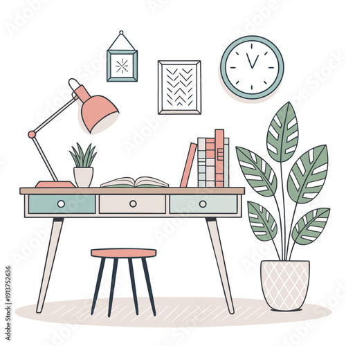 A serene workspace featuring a desk, lamp, books, and plants in a calm environment from a straightforward viewpoint