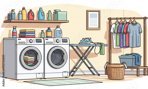 Modern Laundry Room Interior Vector Illustration