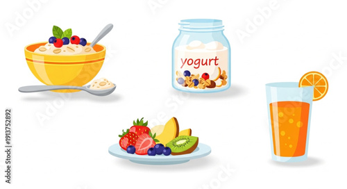 Healthy Breakfast Food Assortment with Yogurt and Juice.