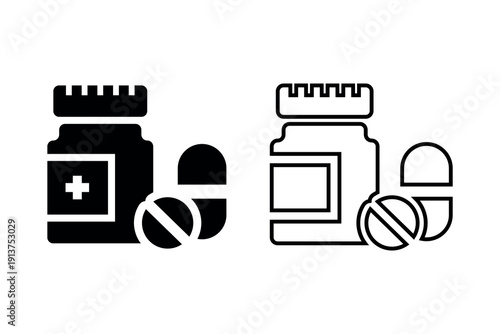 illustration of a pill bottle fill and line icon. Vector illustration.