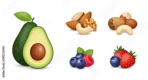 Healthy food assortment with avocado nuts and berries.