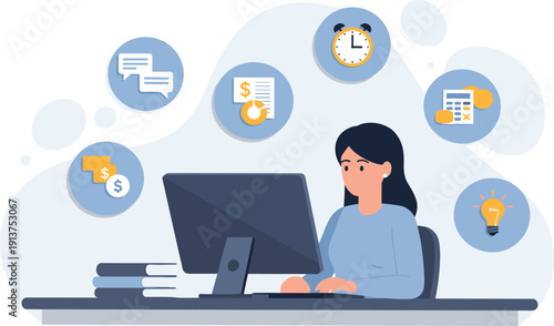 Woman Working on Computer with Productivity, Finance, and Planning Icons – Modern Flat Illustration