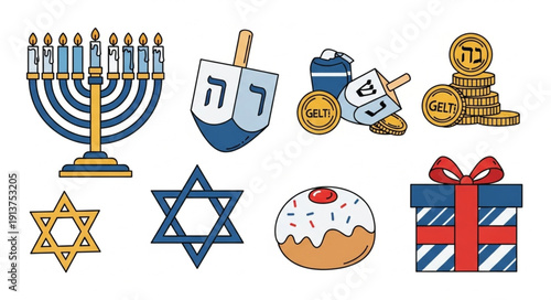 Hanukkah Symbols Collection Festive Holiday Icons.