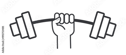 |Isolated outline pictogram of hand holding heavy barbell bending under extreme weight workout strength training sport fitness