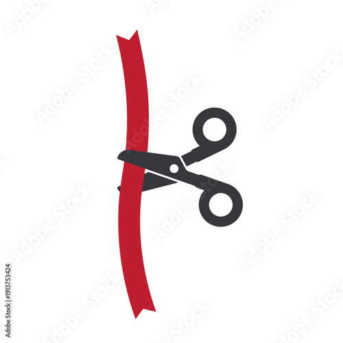 Isolated pictogram of scissors cutting red ribbon symbolizing grand opening ceremony inauguration launch event celebration