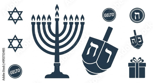 Hanukkah Symbols Including Menorah Dreidel and Star of David.