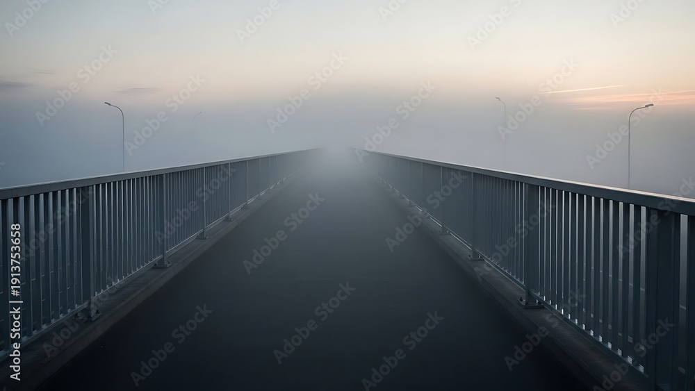 Naklejka premium Empty Bridge Leading Into Foggy Horizon at Sunset with Mysterious Atmosphere