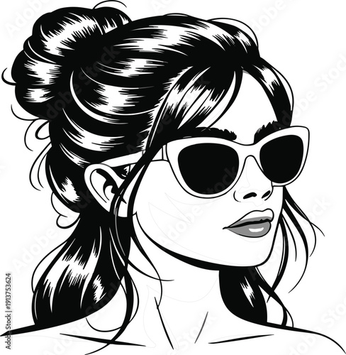 Stylish woman vector illustration, wearing sunglasses with a messy bun hairstyle for fashion branding