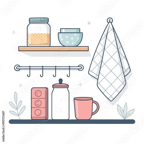 Kitchen utensils and accessories displayed on shelves and hooks, viewed from the front, in a clean and organized environment with various household items