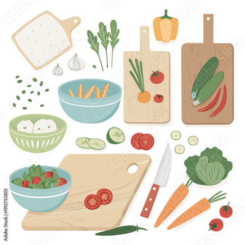 Fresh vegetables and ingredients arranged on cutting boards with kitchen utensils in a culinary preparation scene