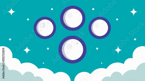 Dreamy sky illustration with purple rimmed moons clouds and stars on turquoise background evoking a sense of wonder and magic