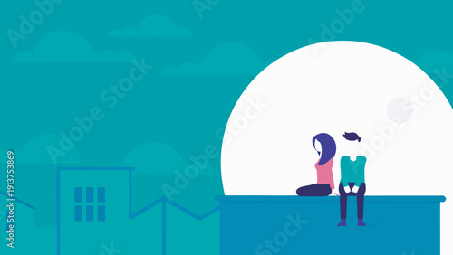 Couple silhouettes sitting on rooftop overlooking cityscape at sunset romantic evening scene with two people in love