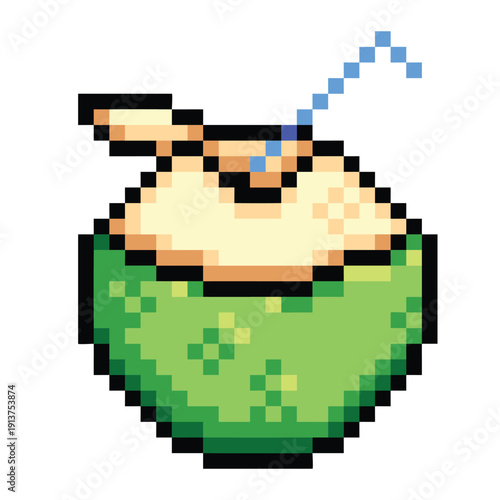 Green young coconut drink with blue straw pixel art colorful illustration isolated on square white background.