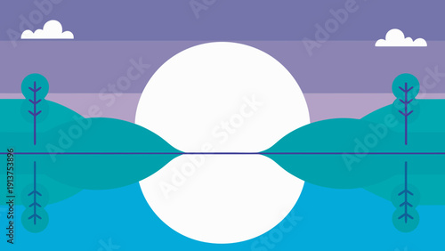 Glowing moon reflected in calm water with hills and trees at dusk serene landscape illustration