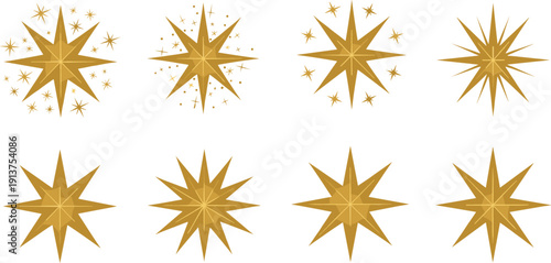 Collection of golden decorative star icons and sparkle bursts in various geometric shapes for holiday celebrations celestial themes and award symbols.