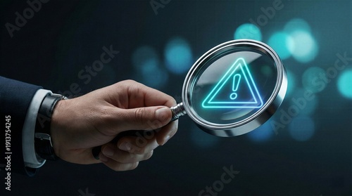 Businessman hand holding magnifying glass over glowing neon exclamation mark warning symbol for risk detection hazard warning error finding and crisis alert
