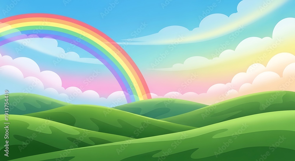 Obraz premium Vibrant rainbow arching over serene green hills under a pastel sky with fluffy white clouds