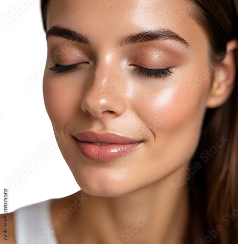 Close-up of a beautiful female face with natural makeup and hydrated, radiant skin on a pure white background