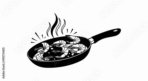 Black and white drawing of shrimp cooking in a pan with steam