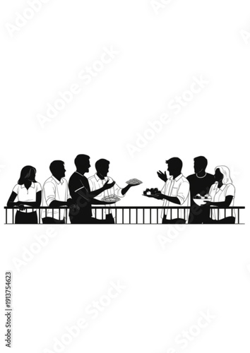 Neighbors chatting over fence sharing food community and friendship silhouette vector