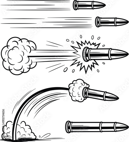 Flying bullet motion trails set, weapon ammunition speed power gun shot impact smoke blast vector illustration