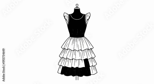 Black and white fashion sketch of a tiered, ruffled dress on a mannequin