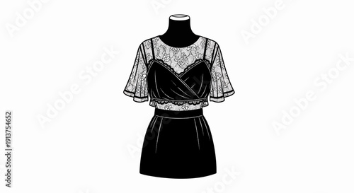 Black and white fashion illustration of a black dress with lace overlay