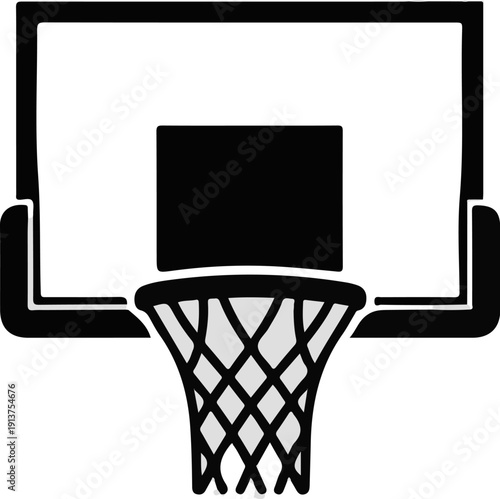 Black and white graphic of a basketball hoop and net