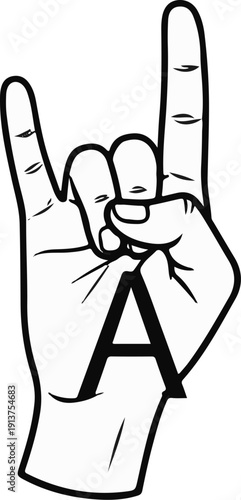 Black and white graphic of a hand forming rock on symbol with letter A