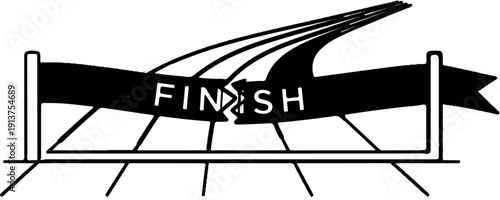 Black and white graphic of a finish line with the word "FINISH" and streamers