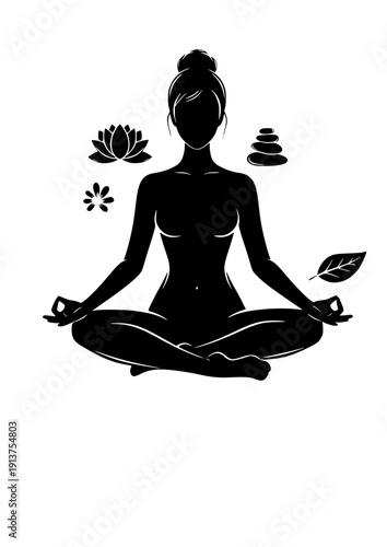 Woman in spa meditation pose wellness tourism and relaxation silhouette vector illustration
