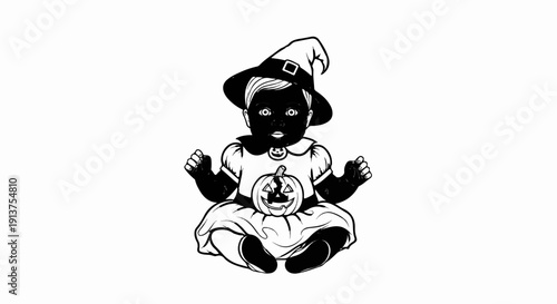 Black and white illustration of a baby in a witch hat and pumpkin dress