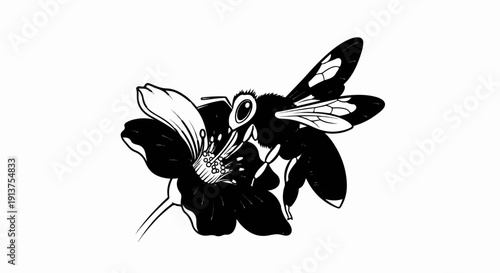 Black and white illustration of a bee on a dark flower, gathering nectar