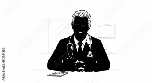 Black and white illustration of a smiling male doctor with a stethoscope sitting at a desk
