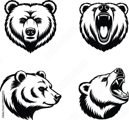 Grizzly bear head mascot vector set, wild animal roar profile mountain wildlife predator power forest hunting