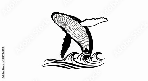 Black and white illustration of a humpback whale breaching through stylized ocean waves