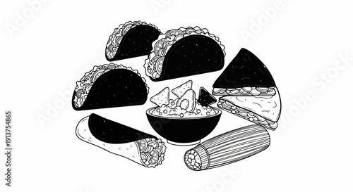 Black and white illustration of various Mexican dishes and snacks
