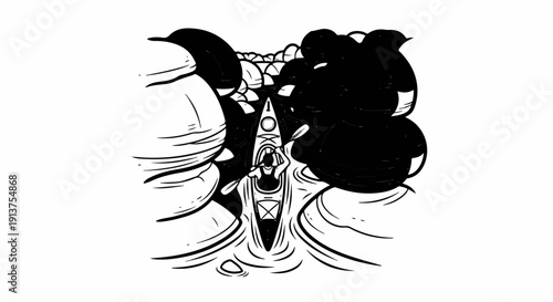 Black and white illustration of a kayaker navigating a river between rocks