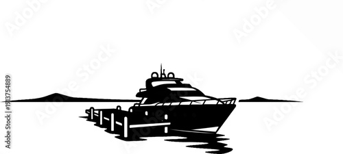Black and white illustration of a large yacht docked at a pier