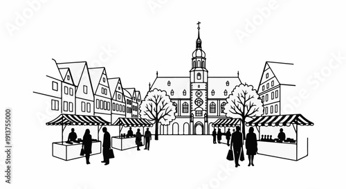 Black and white illustration of a bustling outdoor market in front of a historic building