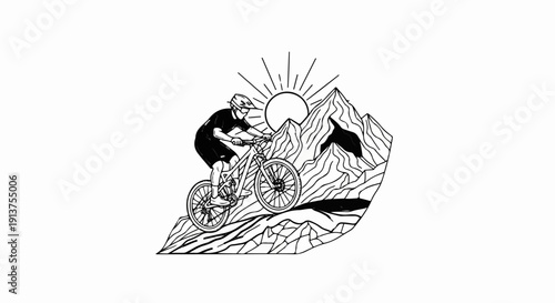 Black and white illustration of a mountain biker descending a rugged peak