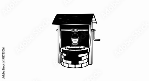 Black and white illustration of a traditional well with a bucket and crank