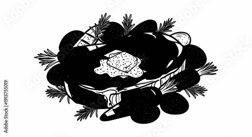 Black and white illustration of a butter-topped steak with herbs and olives