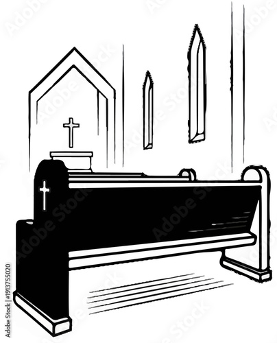 Black and white illustration of a church pew, altar and windows