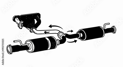 Black and white illustration of a vehicle exhaust system with arrows